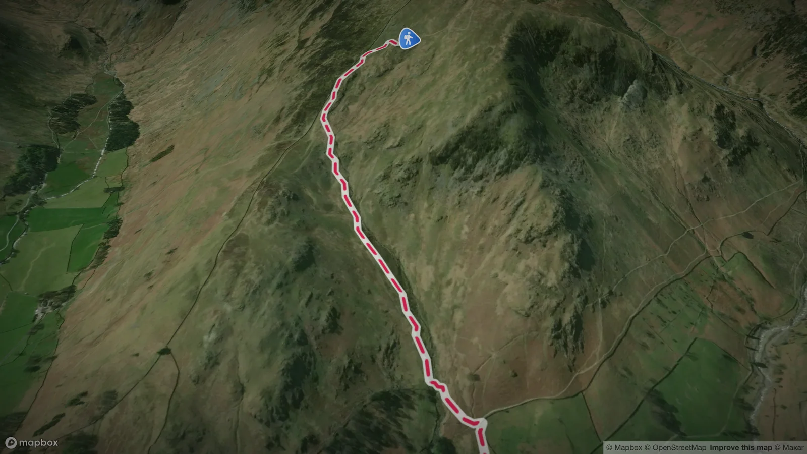 A 3D route video of a hike up Helvellyn in the Lake District, the path climbing the fellside towards the ridge