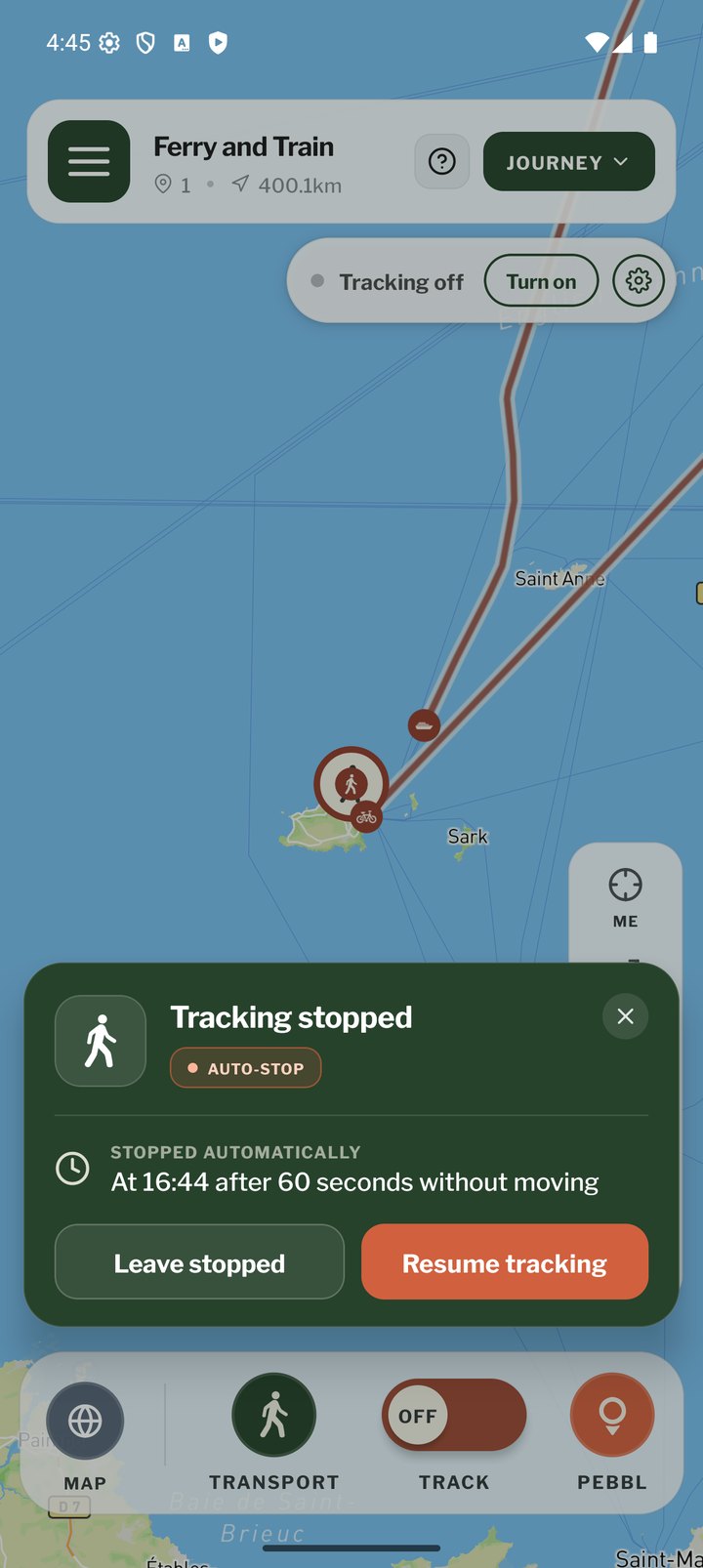De kaart na een automatische stop, met Tracking hervatten
