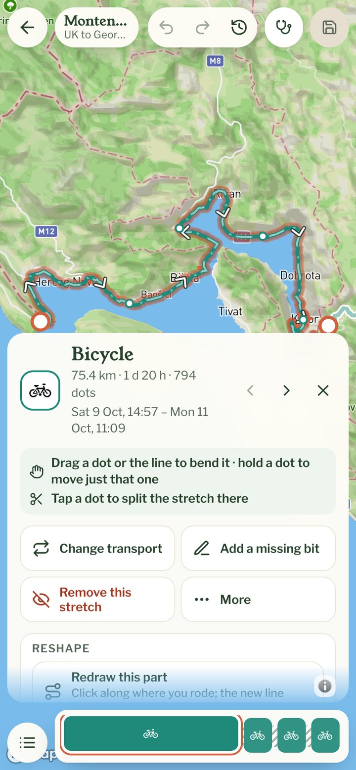 The track editor on a phone with a bike stretch picked and its card open