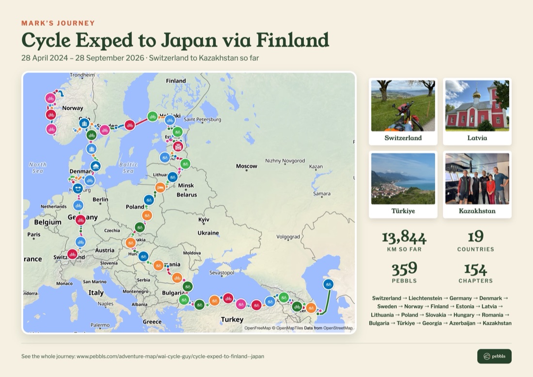 A printed page: a journey's route on a map, its photos and its numbers