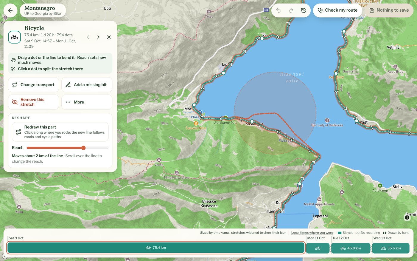 A bike stretch along the Bay of Kotor being dragged, with the shaded circle showing how much of the line moves