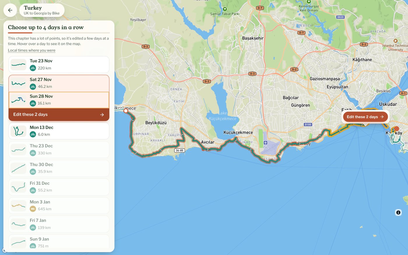 A long chapter's days, with two days next to each other picked and Edit these 2 days under them and on the map