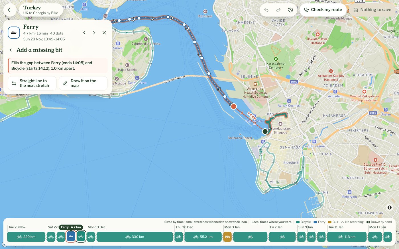 Add a missing bit showing a 1 km gap between a ferry and a bike ride, with Straight line to the next stretch and Draw it on the map