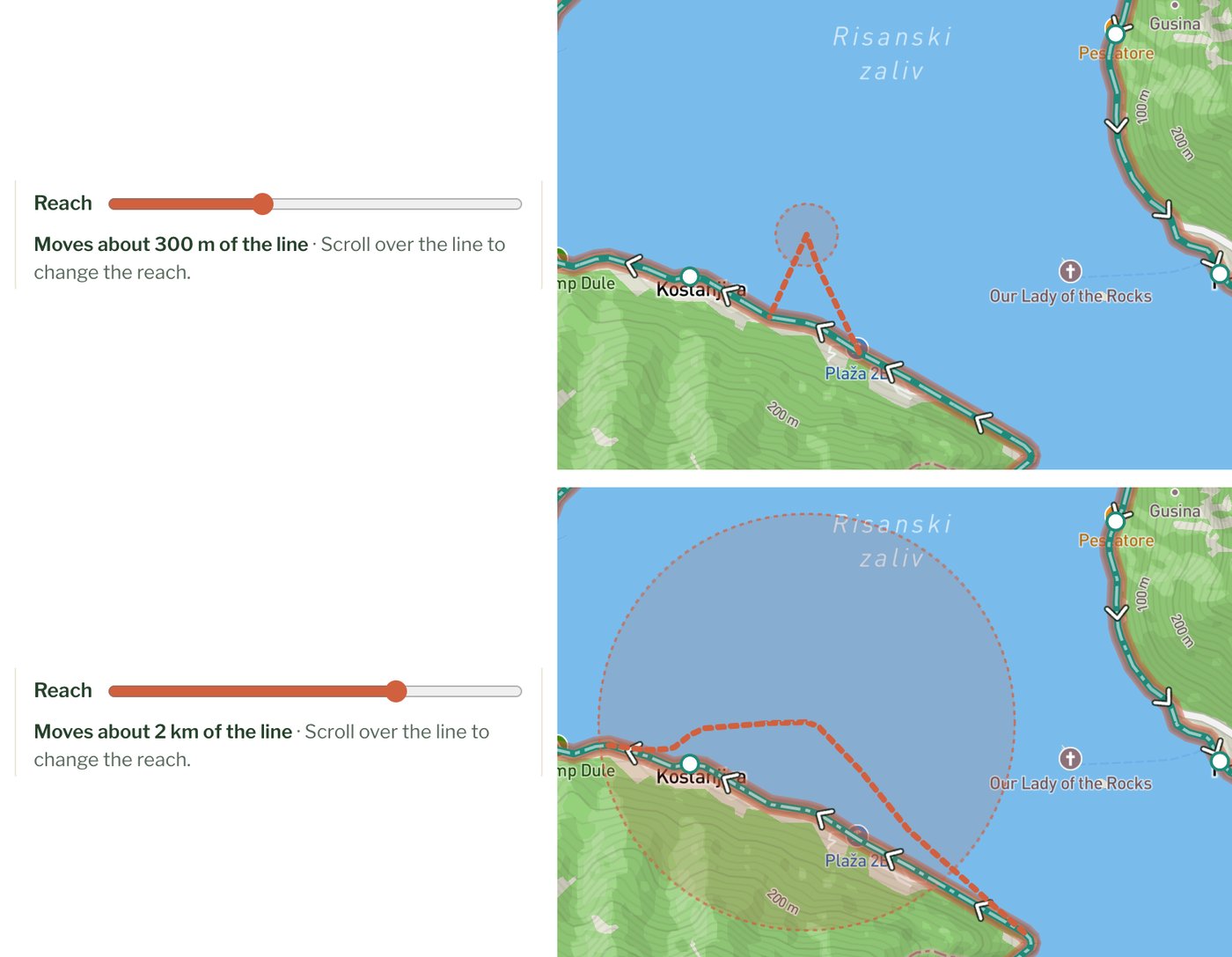 The same drag twice: with Moves about 300 m of the line it makes a small sharp kink, with Moves about 2 km of the line a long bend inside a much bigger shaded circle