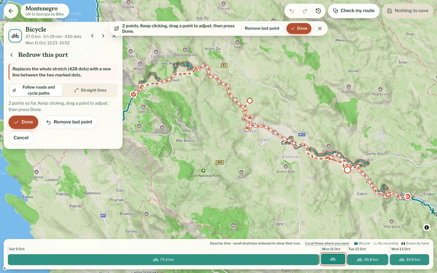 Redraw this part: two clicks on the map and a new line following the roads between them