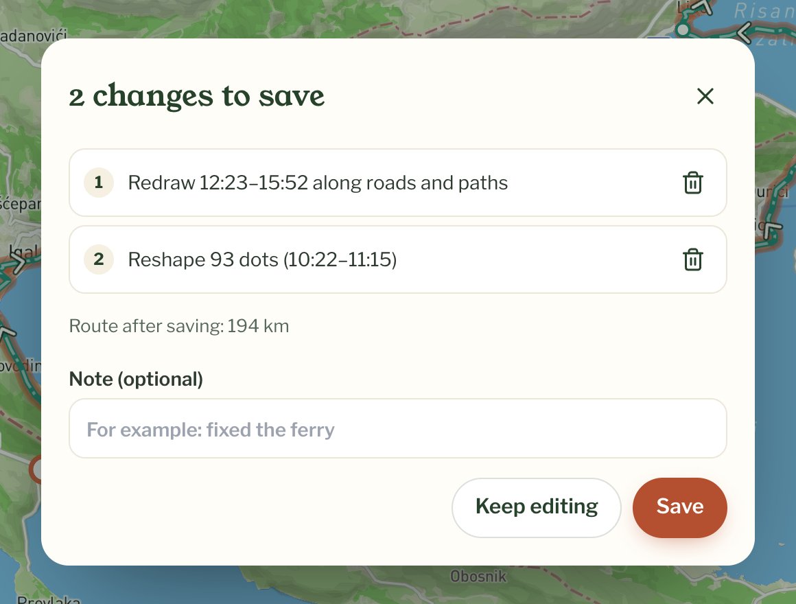 The list of two changes to save, with a note box and the Save button