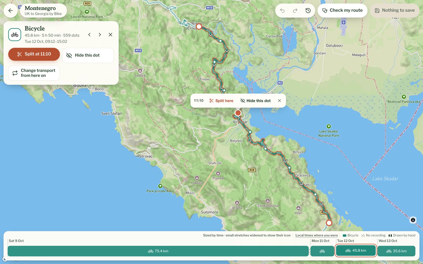 A dot picked on the route with Split here and Hide this dot beside it