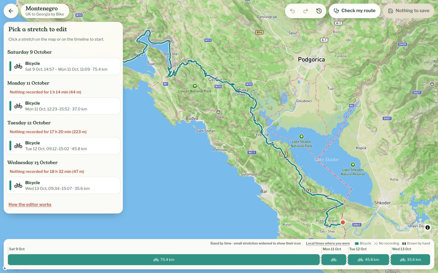 The track editor on a computer: the chapter's route on a map, the list of stretches on the left and the strip of stretches along the bottom